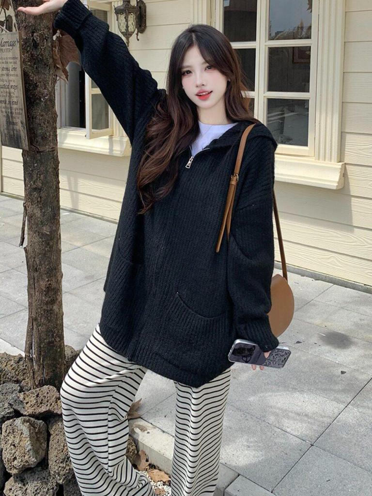 2026 Plus Size Women's Autumn Hooded Knit Sweater: Casual Long Sleeve, Loose Fit, Slimming Zipper Top