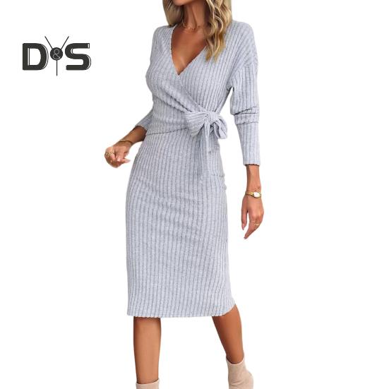 

Женское платье весна-осень с крестообразным V-образным вырезом на шнуровке, облегающее, с длинными рукавами, длиной до колена, трикотажное облегающее эластичное платье миди для шопинга, платье для свиданий M серый