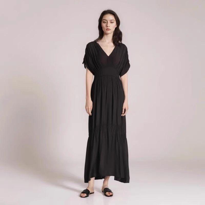 Foreign Trade Original Order Tight Waist Slimming V-Neckline Classy Noil Poplin Dress Summer Thin Ruched Long Dress Plus Size Women's Clothing