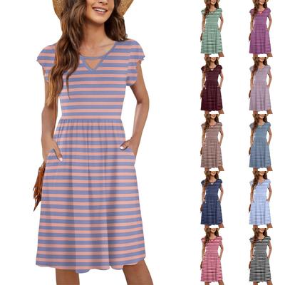 Women's Casual Fashion Sexy V-Neck Ruffle Sleeve Striped Dress