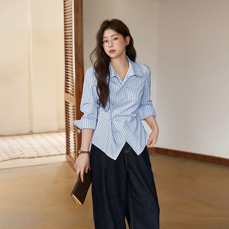 

Shiran Plus-Size Women s Polo Collar Long-Sleeve Shirt 2026 Spring New Style for Slightly Chubby Women, Slimming Waist-Cinching Striped Top Blue Stripes L