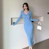 Autumn and Winter New Slim Fit Base Knitted Sexy Dress Women Elegant Mid Length V-neck Sweater Dress Women Solid High Waist Casual Party Dresses 25956