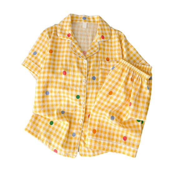 

2 шт. Жіночий піжамний комплект Зворушливе серце Смугастий з короткими рукавами Сорочка на ґудзиках Еластична талія Вільні короткі штани Літній одяг для сну Домашній одяг L