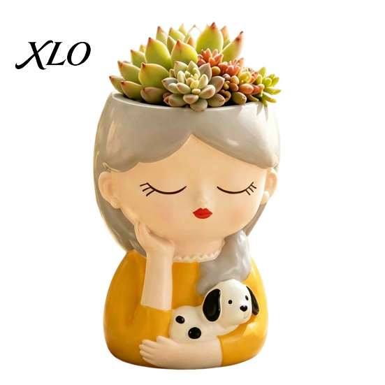 Compact Resin Pot for Windowsill Cute Head Planter, Succulent Little Girl Flower Pot, Human Small Flowerpot Succulents Face Cactus Plants Container,