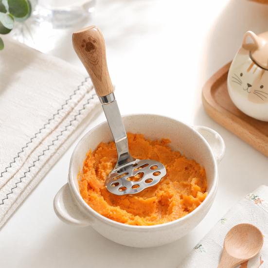 Yousheng Stainless Steel Potato Masher, Standable Manual Vegetable Crusher with Wood Handle, Food Grinding Tool for Mashed Potatoes