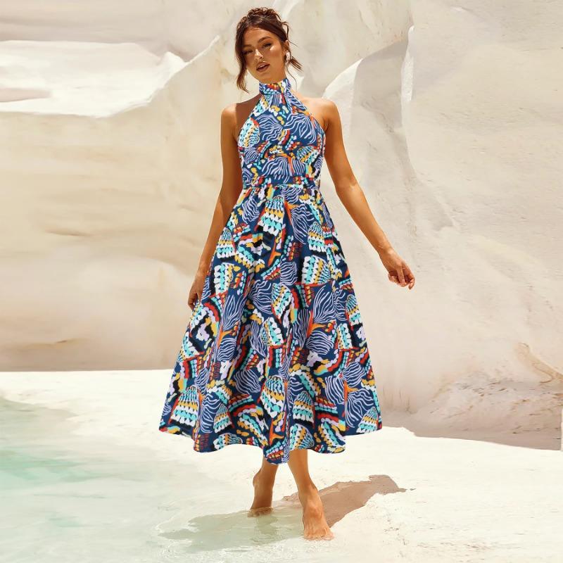 Women's Sexy Standing Neck Sleeveless Printed Dresses Midi Dresses