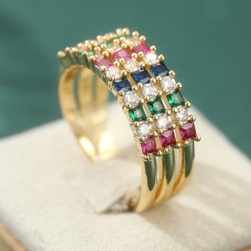Classic Colorful Synthetic Cubic Zirconia Round Rings For Women Golden Plated Fingers Band Accessories Jewelry Gifts