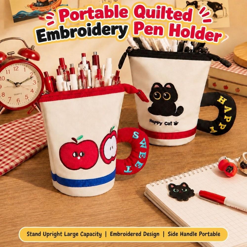 Multifunctional Cartoon Pencil Case Water Cup Shaped Vertical Bucket Pen Holder Creative Embroidered Pen Pouch Student