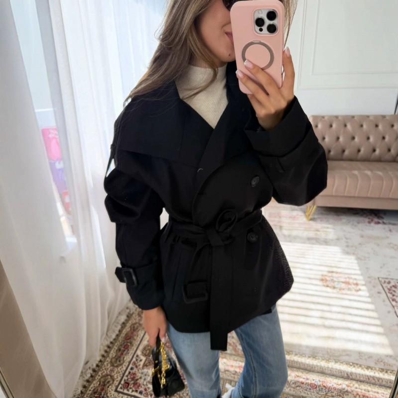 Casaco Curto Trench Coat Dupla Face Feminino 2026 Inspirado em Vintage com Gola Alta