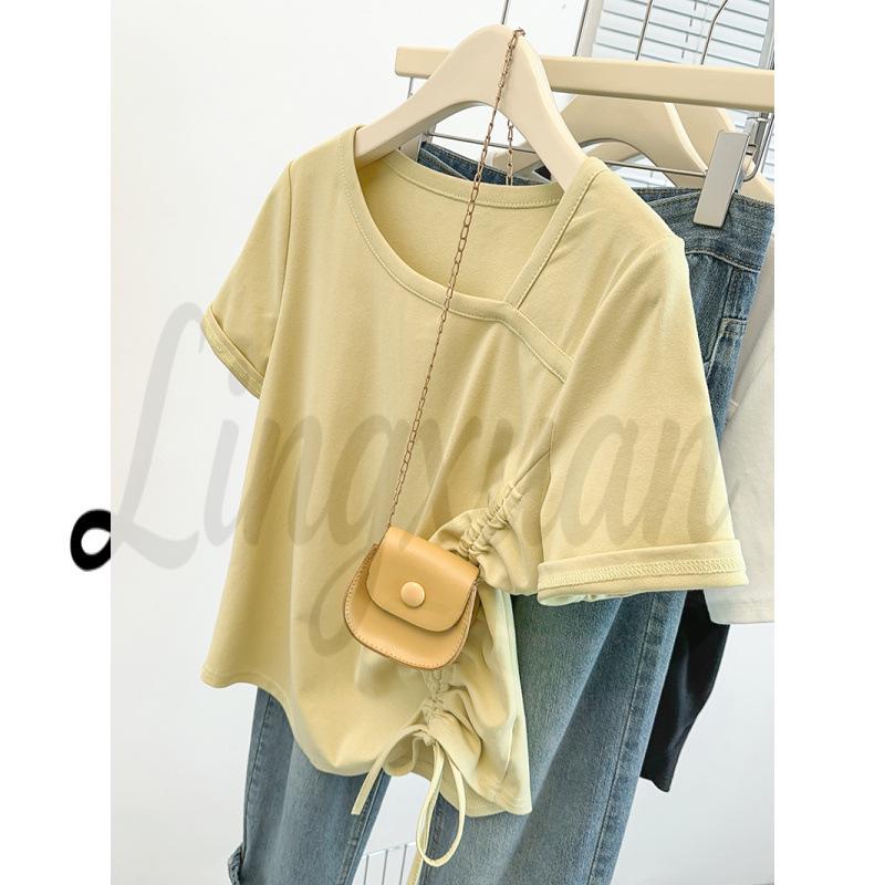 

Women s Summer Pleated Slim-Fit Short Sleeve T-shirt 3XL жовтий