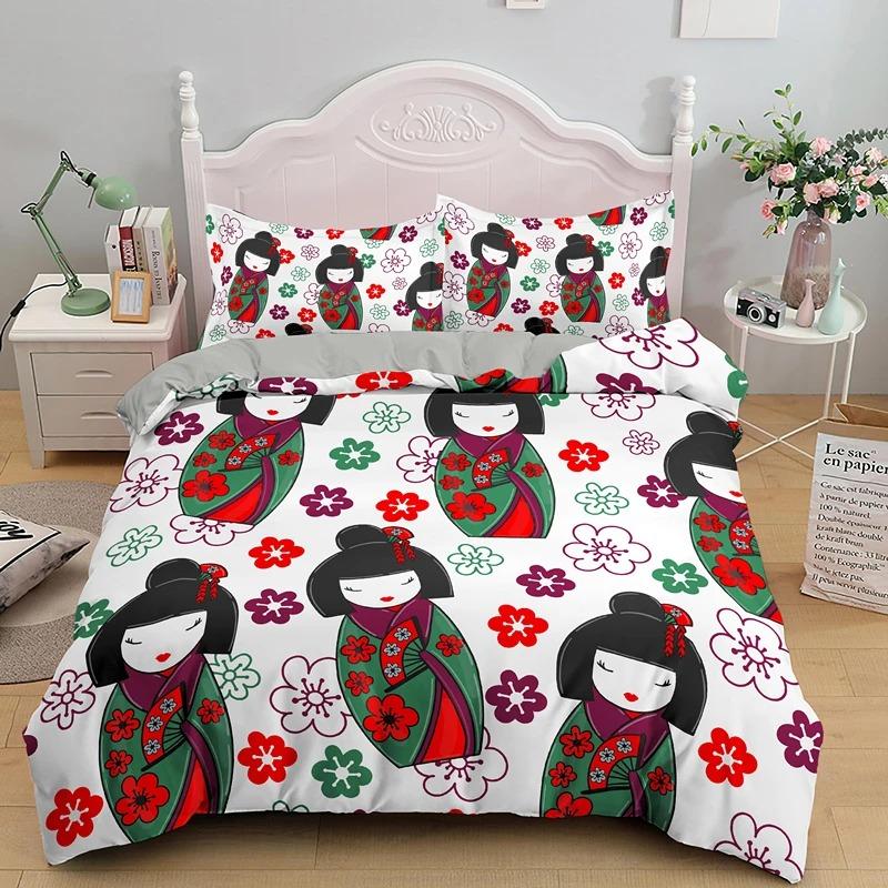 Japanese Doll Duvet Cover King Queen Lucky Cat Fan Bedding Set for Kids Girls Asian Japan Cultural 23PCS Polyester Quilt Cover
