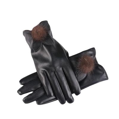 Warm Leather Gloves Mink Hair Balls for Women Thickened Outdoor Plus Velvet Women Touch Screen PU Leather Touch Screen Winter Gloves
