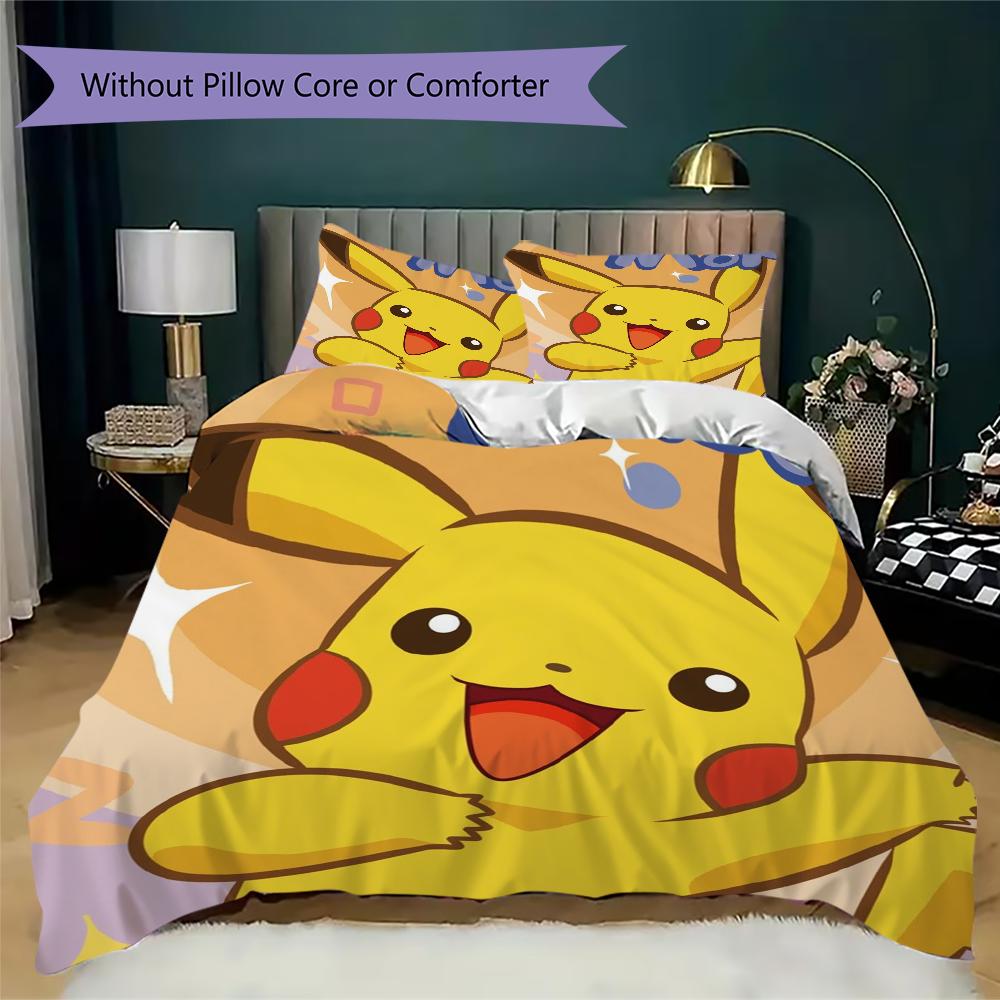 pokemon Pattern Bedding uilt Set uilt Cover Pillowcase Home Decoration Birthday Gift (1 * duvet cover + 2 * pillowcase without core)
