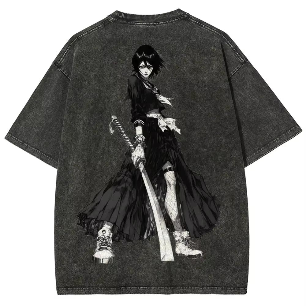 2026 Summer Anime Bleach Vintage Washed Oversized T-shirt, Ichigo Kurosaki Print Streetwear Retro Black Tee For Men Women