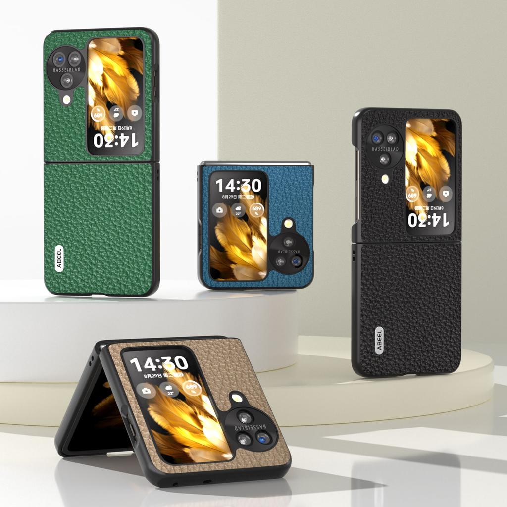 ABEEL For Oppo Find N3 Flip 5G Genuine Cow Leather+PC Phone Case Litchi Texture Drop Protection Cover