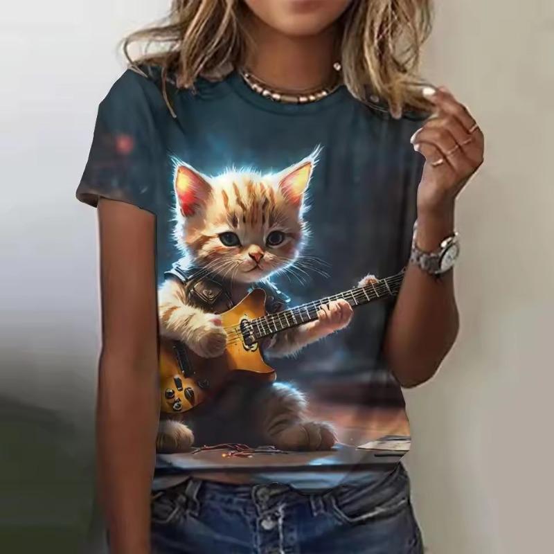 Summer Fashion Women's Animal T Shirt Stylish Kawaii Cat Printed Casual Short Sleeve Crew Neck Tees Round Neck Regular Tops