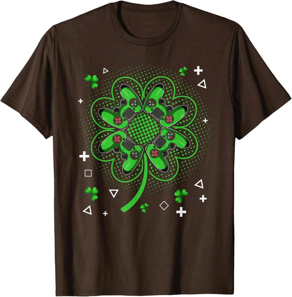 Gamer Shamrock Clover Controller St Patricks Day Graphic Tee Men Casual Trip T-Shirt