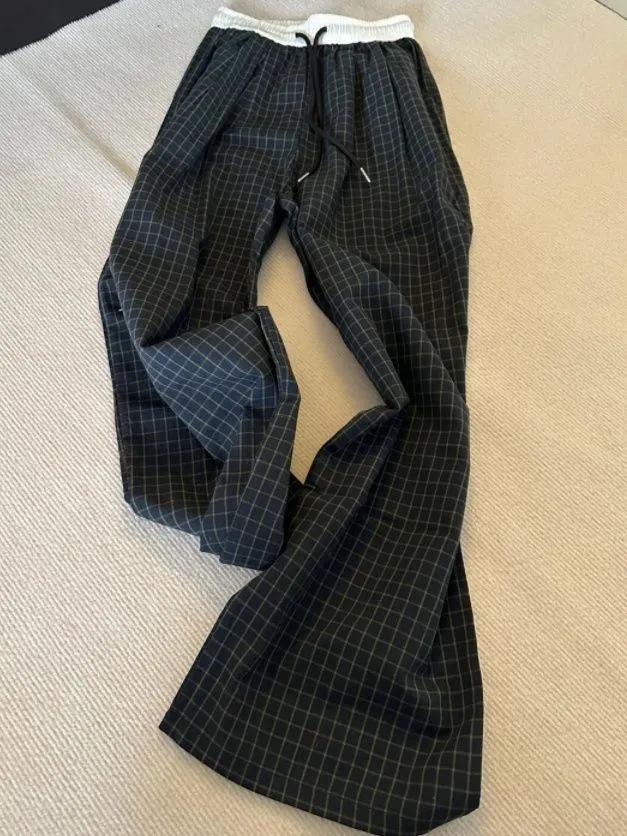 Unisex Summer Plaid Wide-Leg Pants: Elastic Waist, Drawstring, Straight-Leg, Casual Fit for All Ages