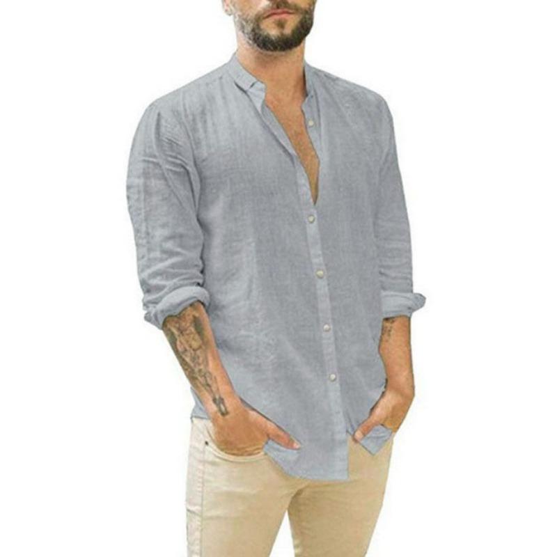 European and American Men's Linen Cardigan Solid Color Casual Stand-up Collar Long-sleeved Shirt
