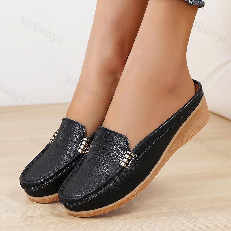 Fashion Women Half Slippers Casual Shoes Hollow Out Lady Half Lofers Pu Leather Flats Moccasins Women Luxury Brand Zapatillas Mujer