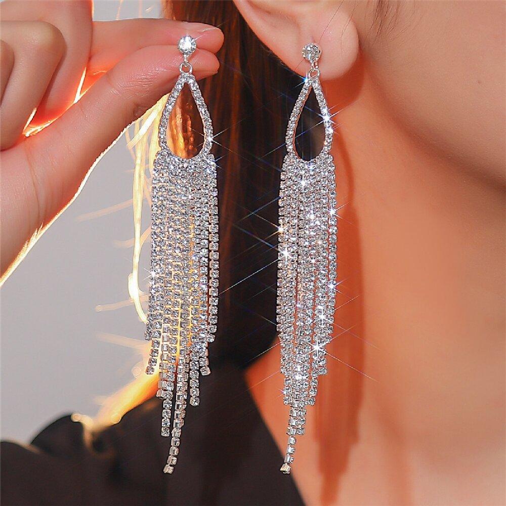 2 Curved Women's Pendant Earrings, Elegant Rhinestone Tassel Long Earrings, Gorgeous Jewelry, Date Gift-4019