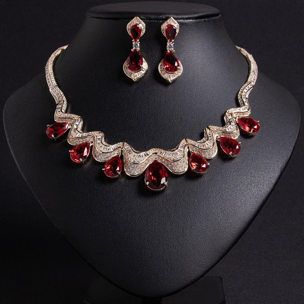 Set Collana e Orecchini Rosso Lacrima Lusso Gioielleria Fine Donna Abito Sposa Vacanza Regalo Festa Matrimonio Ballo Accessori M-376
