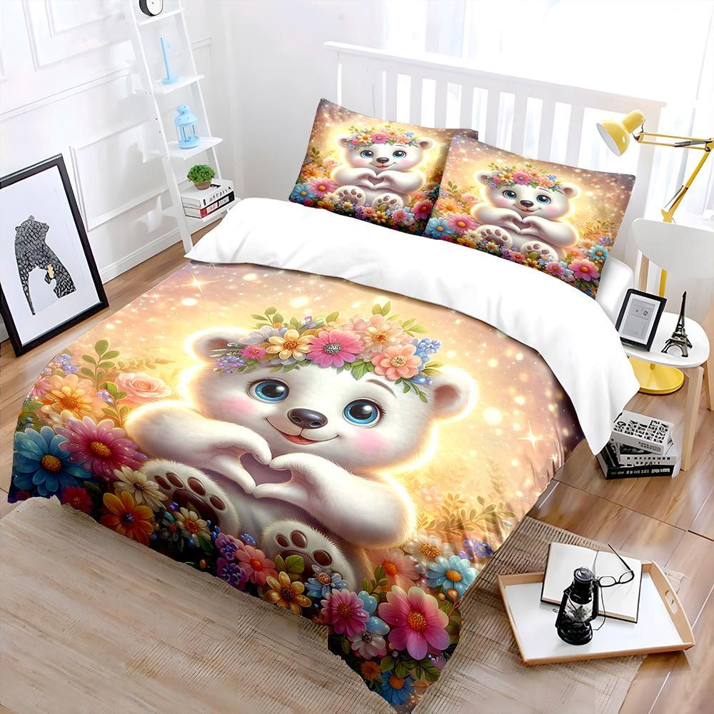 Cute Bear with Flower Field Bedding Set for Kids Luxury Gift 3pcs Digital Print Comforter Set Soft Comfortable Breathable