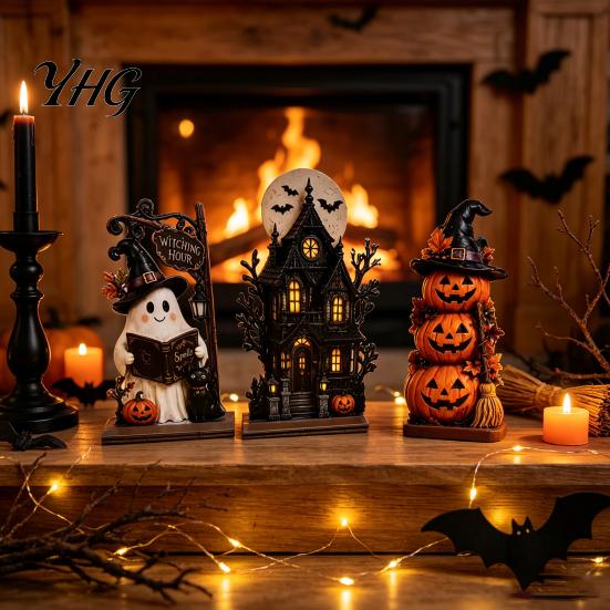 Haunted House Tabletop Sign 3Pcs Halloween Wooden Decorations, Fall Ornaments with Ghost Black Cat Pumpkin Spooky Cute Home Accents Elements,