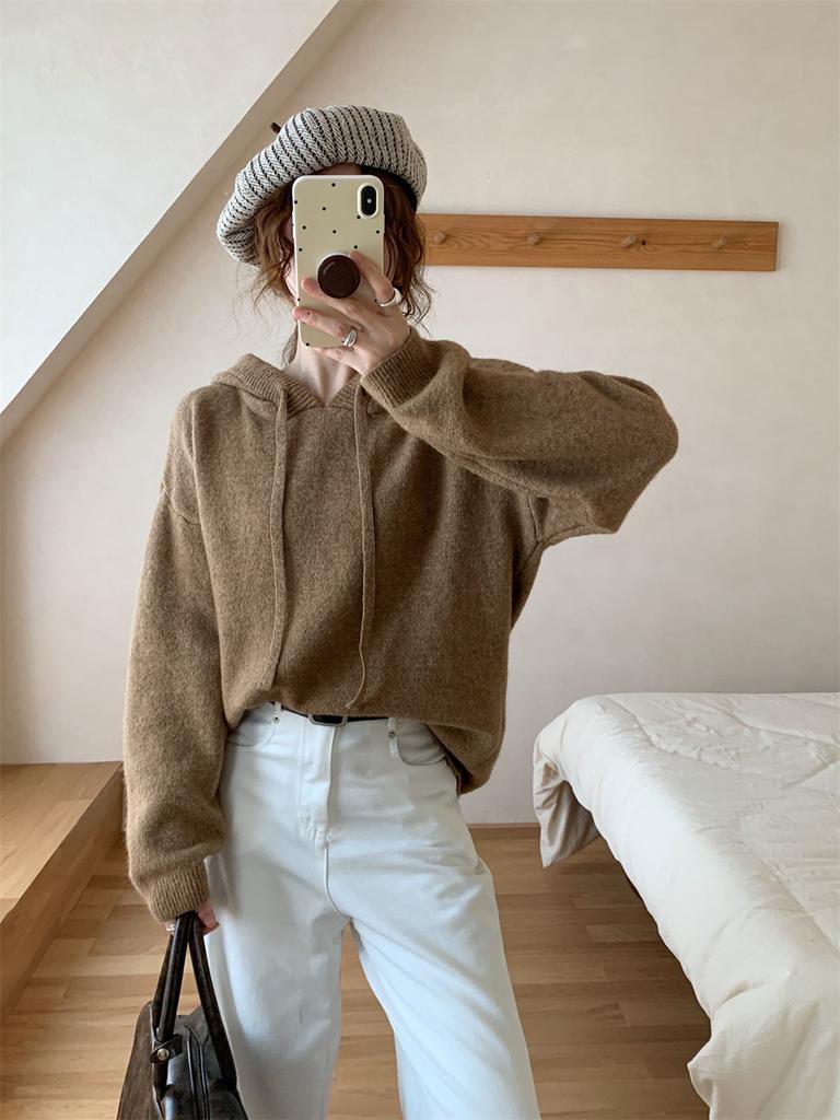 Casual hooded knitted sweater women's autumn and winter new loose lazy style outer wear retro pullover bottoming shirt