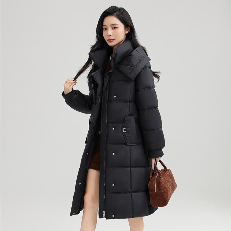 Large size new slim-fitting long knee-length cotton-padded clothes, belts, hooded down cotton-padded clothes, women's trend