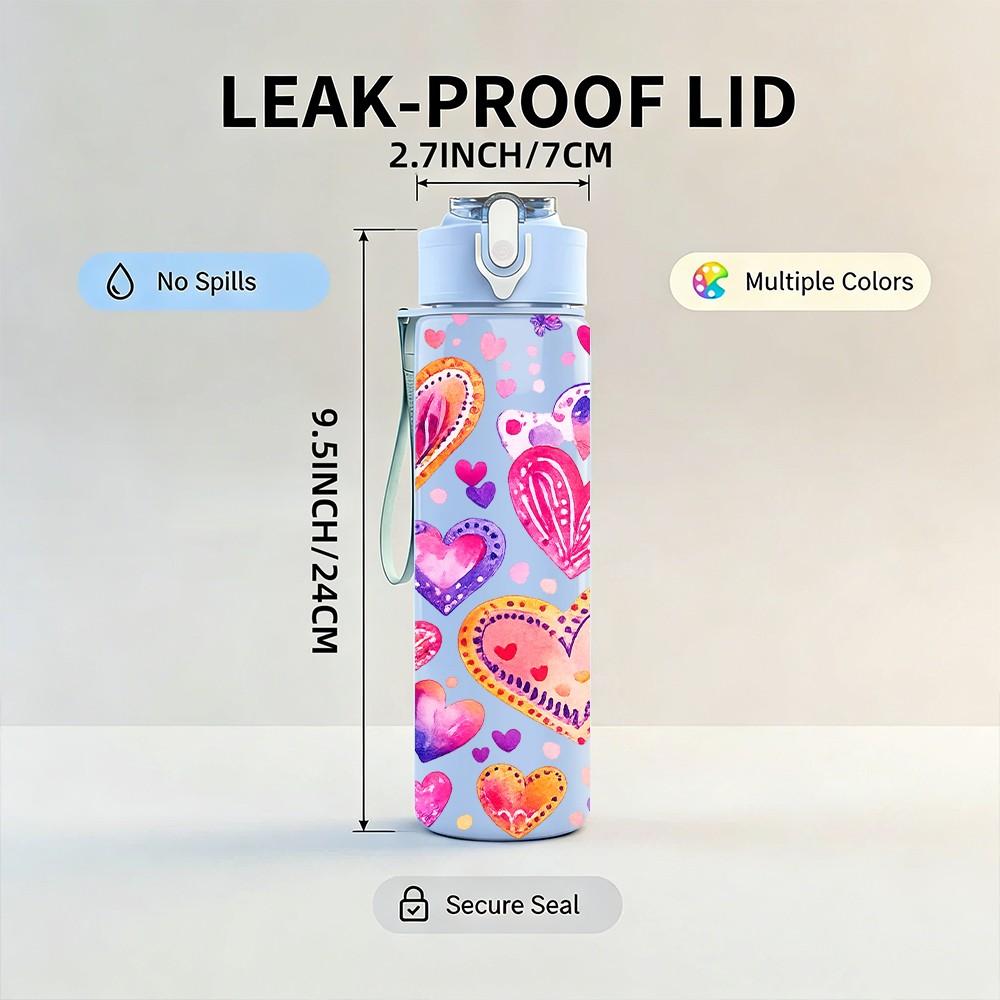 1PC Multi Color Heart Doodle Print 750ml Color Plastic Sports Water Bottle Leakproof Flip Straw Lid Suitable for Sports Office Home Use