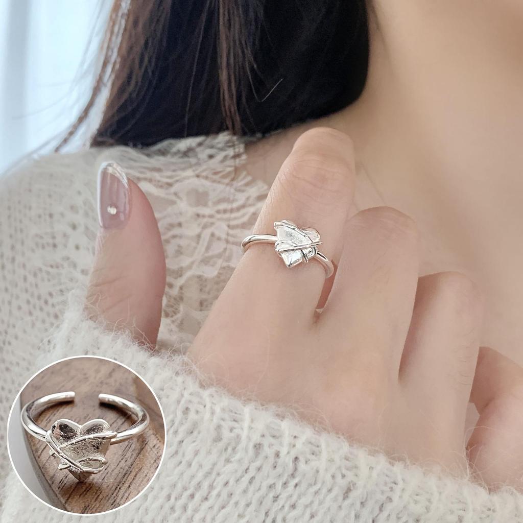 Korean Style S925 Silver Plated Irregular Leaf Ring - Women's Vintage Fashion, Simple Curved Edge Heart Geometric Open Design for Index Finger.