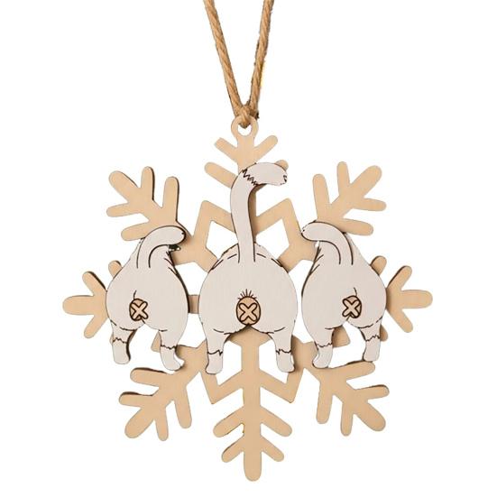 Cat Butt Snowflake Christmas Ornament Funny Cat Butt Wooden Xmas Tree Ornament Snowflake Shape Hanging Pendant for Tree Home Decor