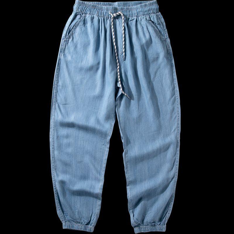 Ankle Banded Pants Men's Trendy Summer Light and Smooth Draping Casual Pants Loose Casual Elastic Waist Lyocell Jeans