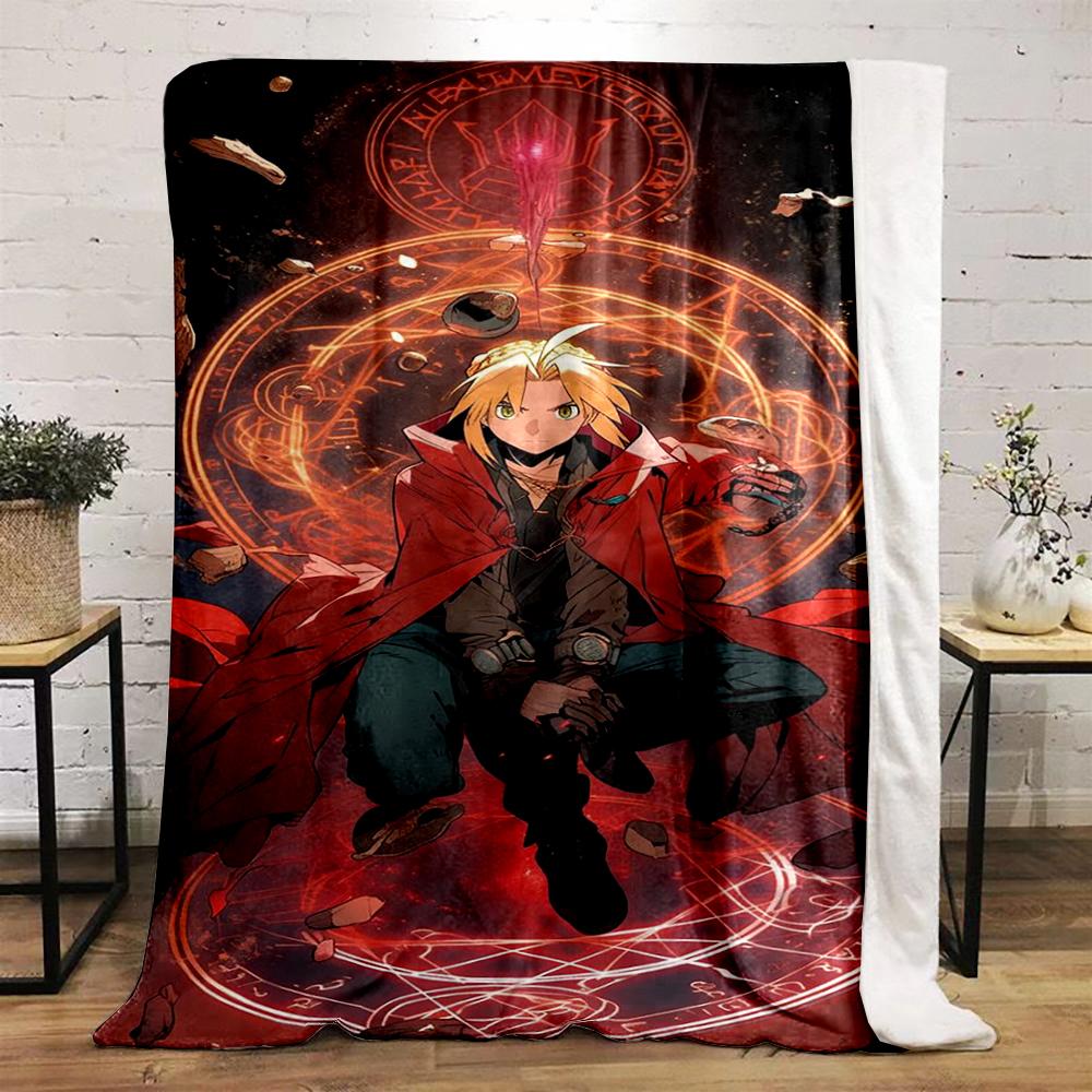 Blonde Anime Hero with Red Cloak and Alchemy Symbols Flannel Blanket for bedroom, living room, sofa, and nap sofas.