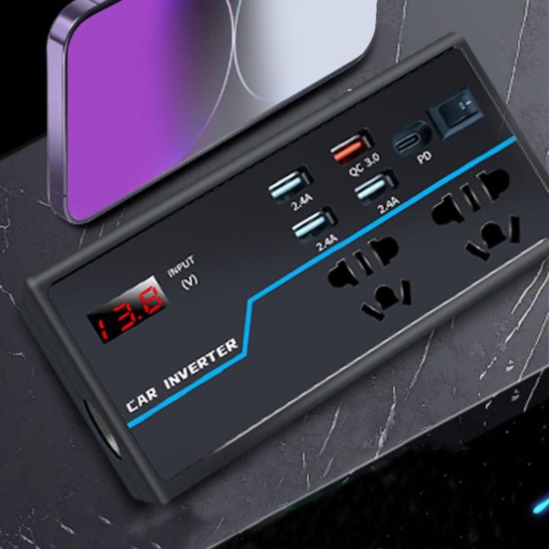 Portable Car Inverter Converts 12V/24V  to 110V/220V  with Voltages Display Compact Vehicle Inverter Simple Operate