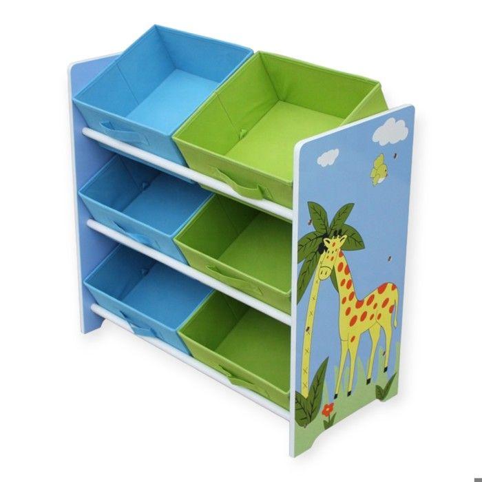 Organiseur à Jouets Enfant GINGER HOME SAVANNA, Étagère avec Bacs de Rangement, Bois MDF, 63x30x60 cm, Thème Safari Girafe et Zèbre