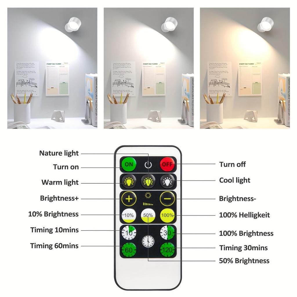 Wireless LED Wall Light/Lights: 3 Color Temperatures, 360° Rotatable,No-Drill & Rechargeable.Remote Control, Dimmable,Night Light for Bedroom