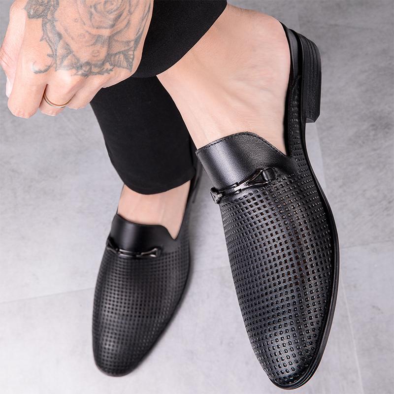 Hollow Out Mules Men Half Shoes For Man Genuine Leather Semi-Drag Casual Shoes Backless Loafers Large Size Closed Toe Sandals