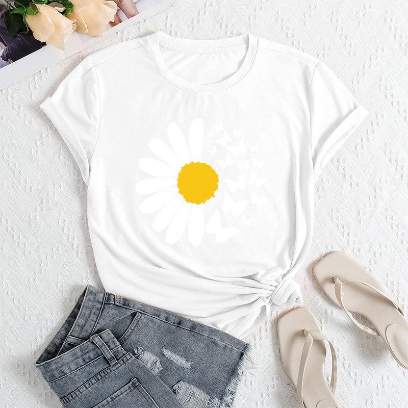 Summer Women's Daisy Butterfly Print Loose Round Neck Casual Pure Cotton Short Sleeved T-shirts Women's