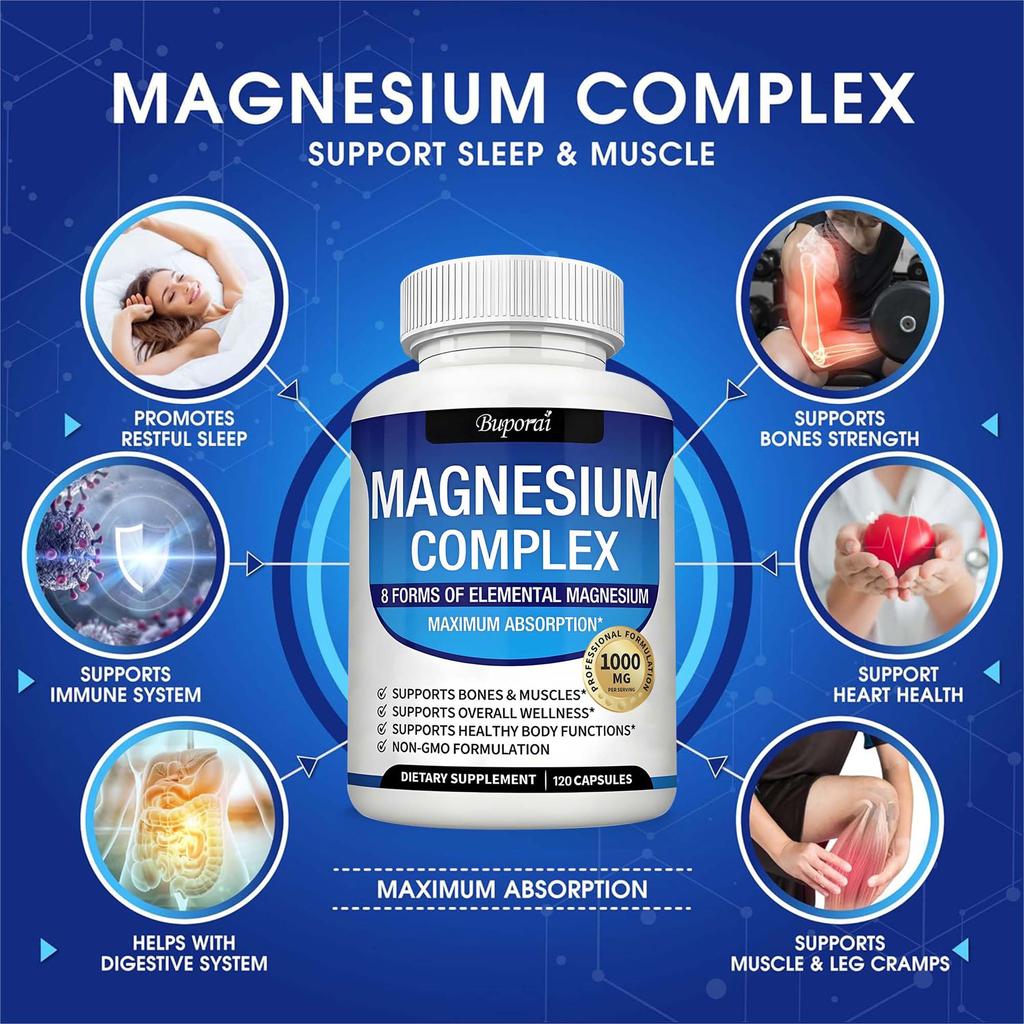 Capsule Complesse di Magnesio: Contiene glicinato di magnesio e malato di magnesio per un assorbimento e un utilizzo massimizzati.