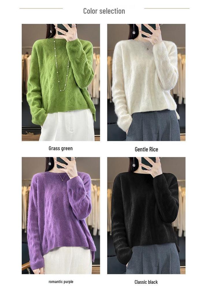 2023 Women's Long Sleeve Wool Knit Pullover - Loose Fit, Round Neck, Solid Color, Autumn/Winter Jacquard Style