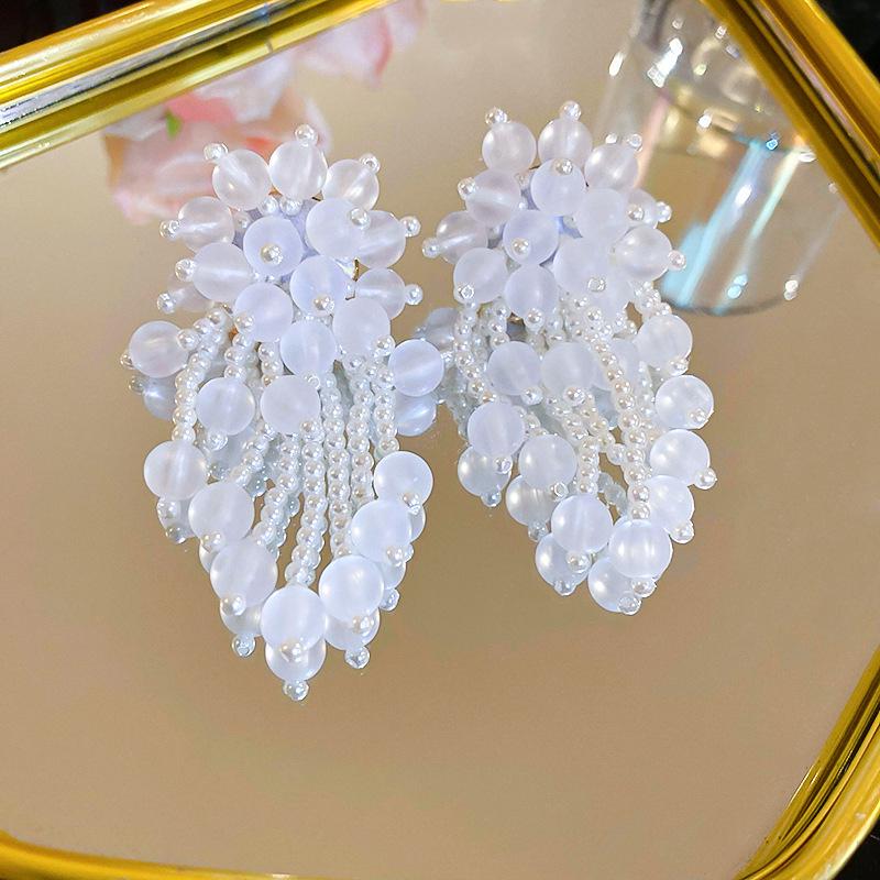 Silver Needle Acrylic Bead Tassel Earrings - Fashionable High-End Stud Earrings for Women