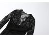 2026 Spring Elegant European-Style Lace Patchwork Deep V-Neck Slim Fit Long Sleeve Dress for Women
