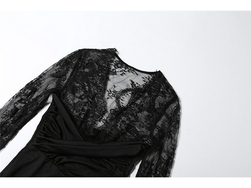 2026 Spring Elegant European-Style Lace Patchwork Deep V-Neck Slim Fit Long Sleeve Dress for Women