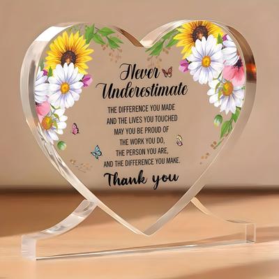 Heart-Shaped Acrylic Thank You Gift for Women -Floral Design, Message Plaque with EnglishPhrases, Appreciation Award for Coworker, Teacher, Employee
