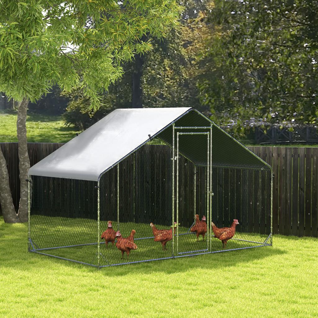 Galvanised Walk In Chicken Coop Hen House w/ Water-Resist Cover, 3 x 1.7 x 1.9m