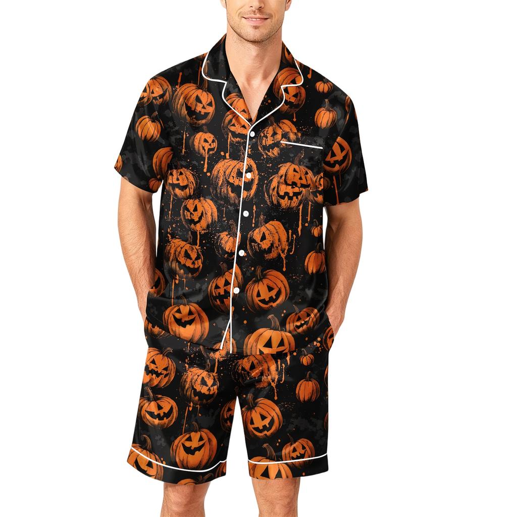 Men's Short Sleeve Pajama Set Button Down Shirt with Curved Hem and Matching Shorts Soft Casual Sleepwear S To XXXXL