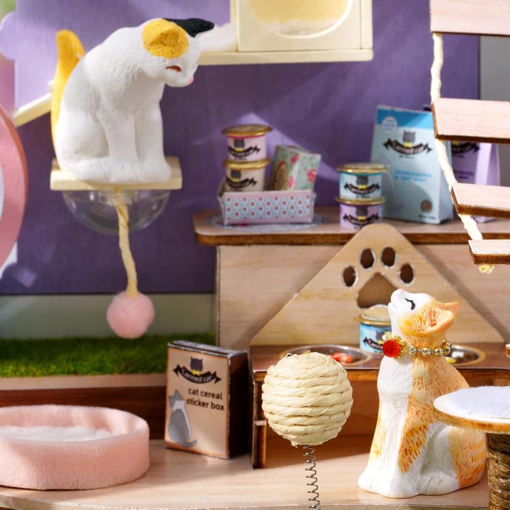 Cuteroom Miniature Dollhouse Kit DIY Wooden Cat Paradise with Mini Furniture Home Decor Gift for Beginners