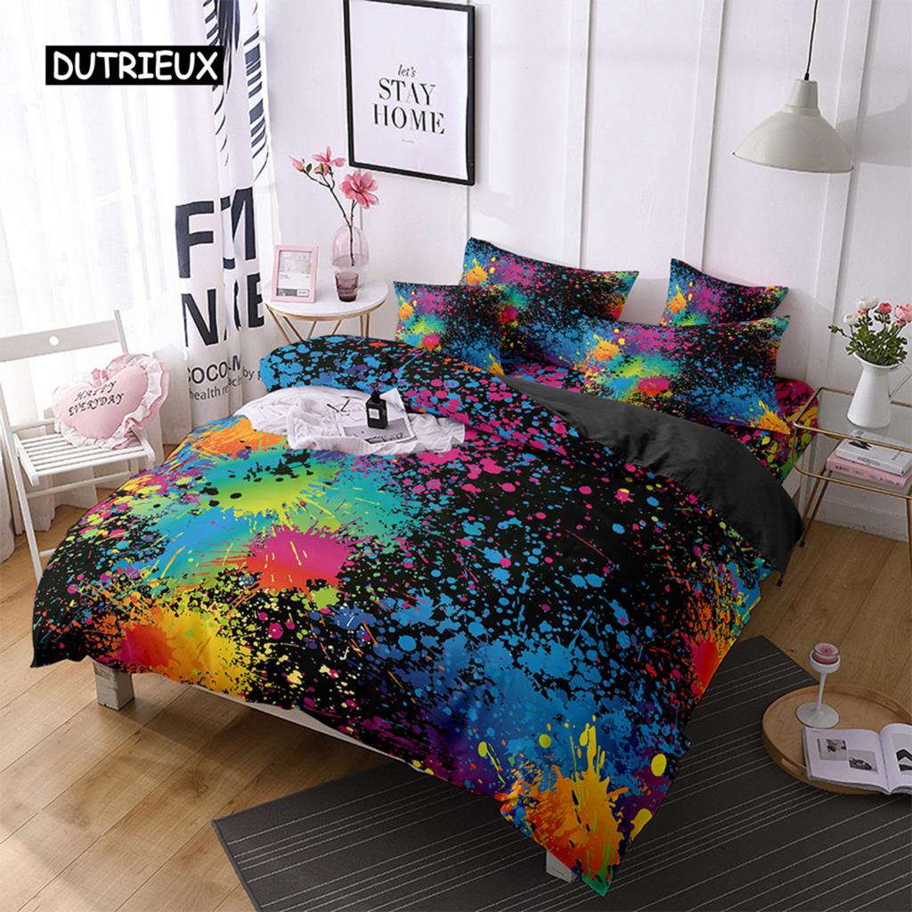 

Набір підодіяльника аквареллю Чорний Різнокольоровий Принт Намальований Вручну Комплект Постільної Білизни Розмір Квін Мікрофібра Абстрактний Візерунок Чохол для Ковдри 155x215cm 3pcs